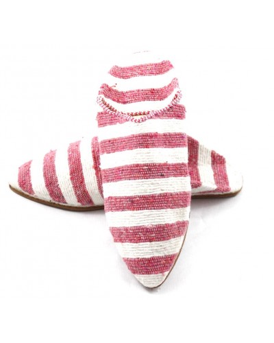 Babouche femme rayée en tapis kilim rose et blanc